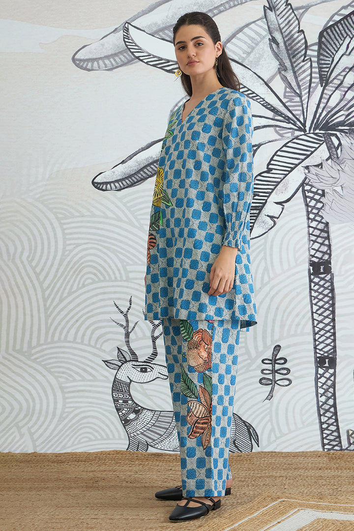 Blue Check Flower Co-ord Set