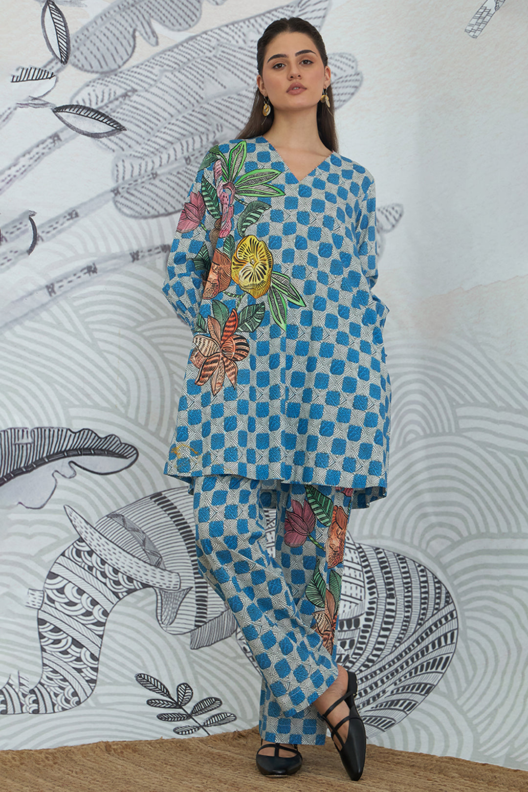 Blue Check Flower Co-ord Set