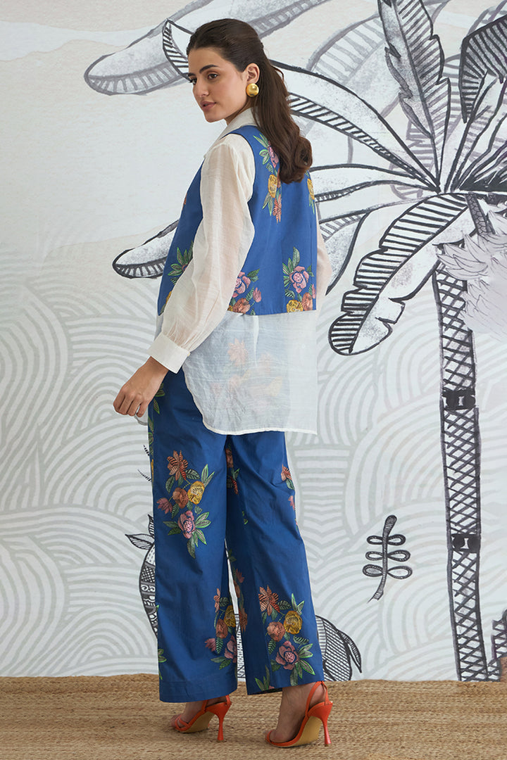 Blue Flower Waistcoat Jacket With White Shirt and Blue Flower Pants