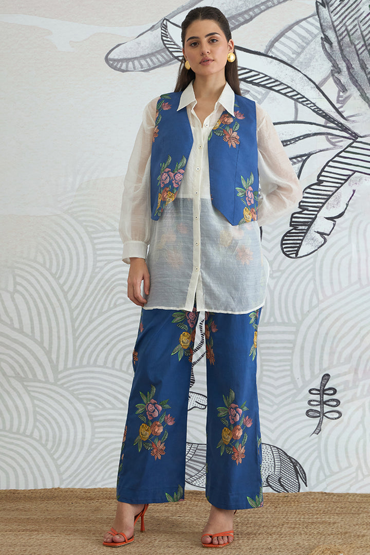 Blue Flower Waistcoat Jacket With White Shirt and Blue Flower Pants