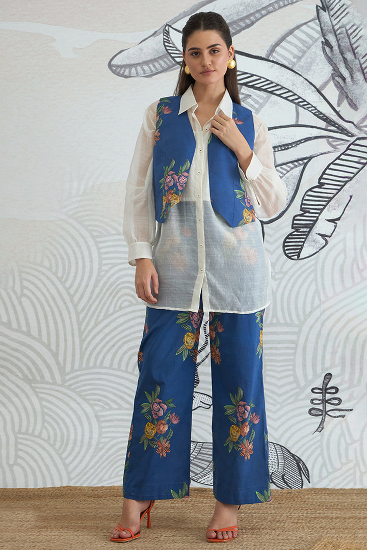 Blue Flower Waistcoat Jacket With White Shirt and Blue Flower Pants