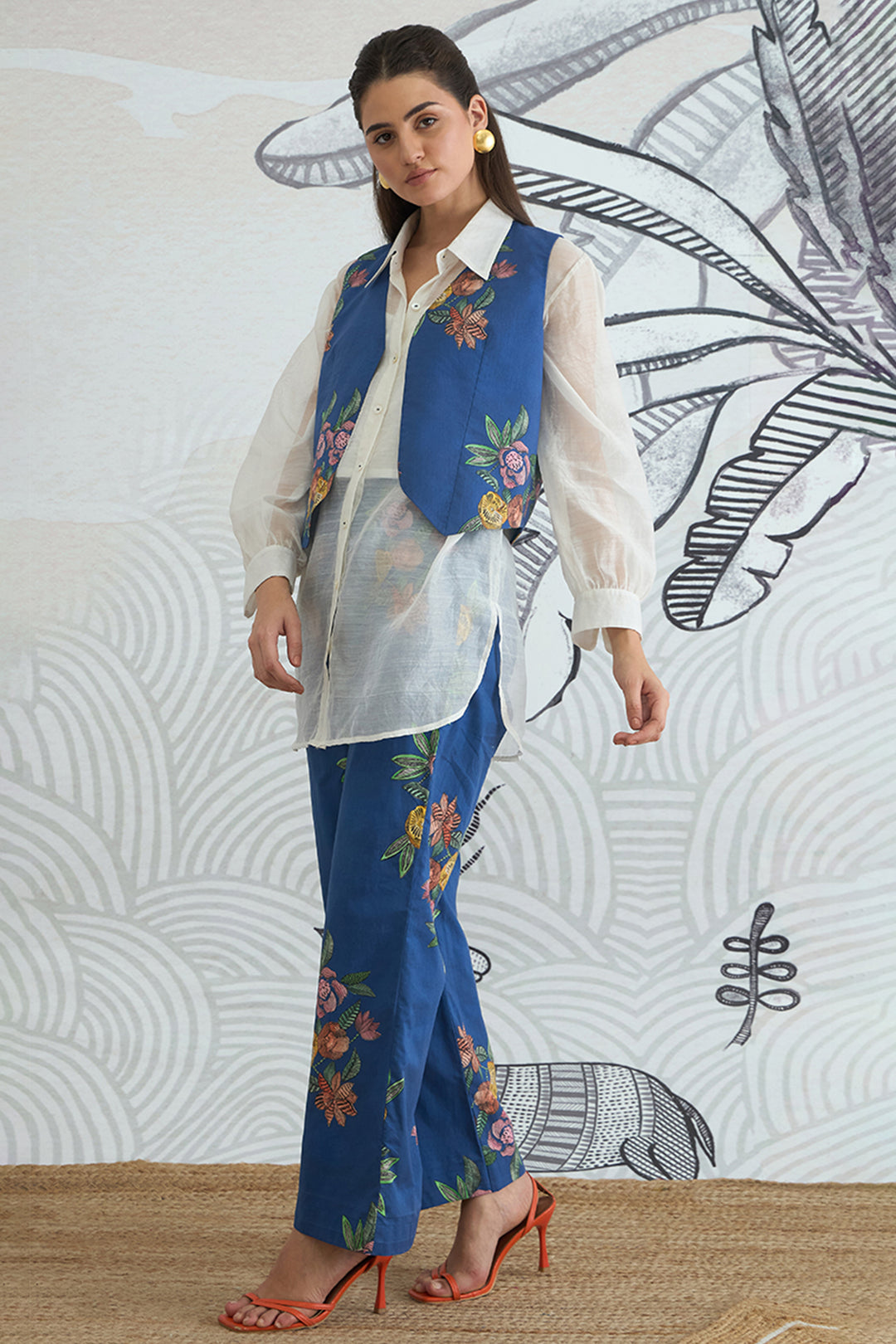 Blue Flower Waistcoat Jacket With White Shirt and Blue Flower Pants