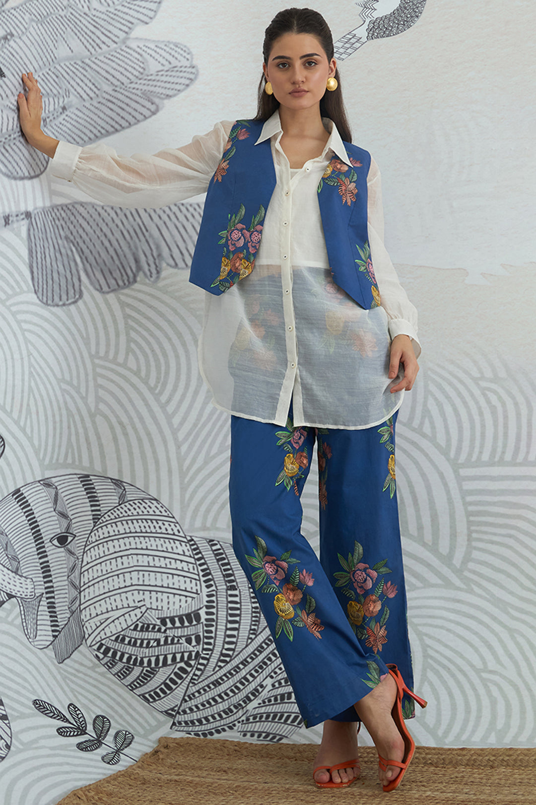 Blue Flower Waistcoat Jacket With White Shirt and Blue Flower Pants
