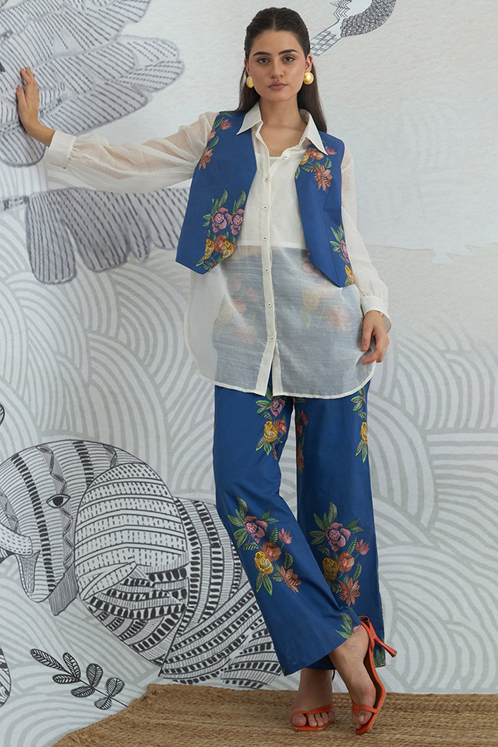 Blue Flower Waistcoat Jacket With White Shirt and Blue Flower Pants