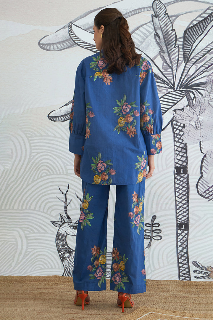 BLUE FLOWER BIG COLLAR SHIRT WITH BLUE FLOWER PANTS