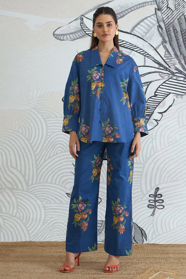BLUE FLOWER BIG COLLAR SHIRT WITH BLUE FLOWER PANTS