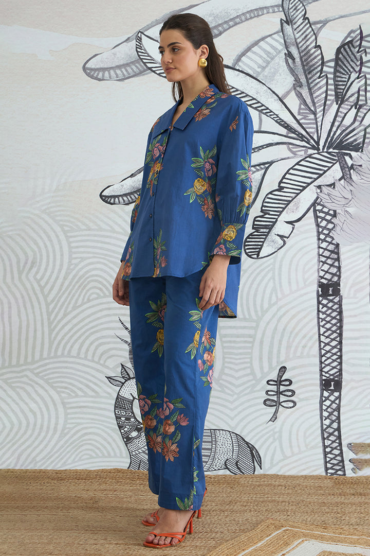 BLUE FLOWER BIG COLLAR SHIRT WITH BLUE FLOWER PANTS