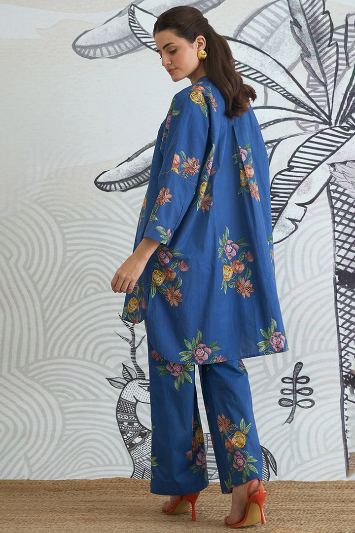 Blue Flower Kimono Tunic With Blue Flower Pants