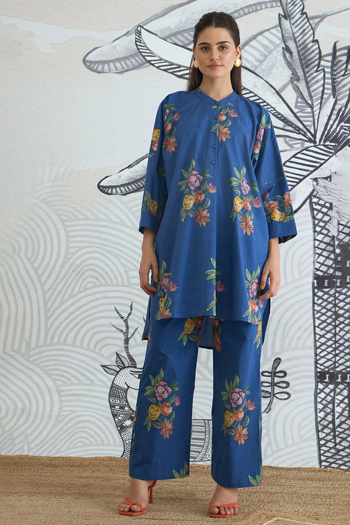 Blue Flower Kimono Tunic With Blue Flower Pants