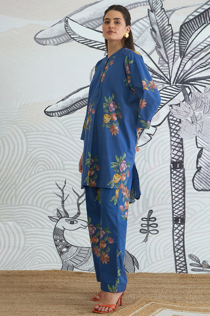 Blue Flower Kimono Tunic With Blue Flower Pants