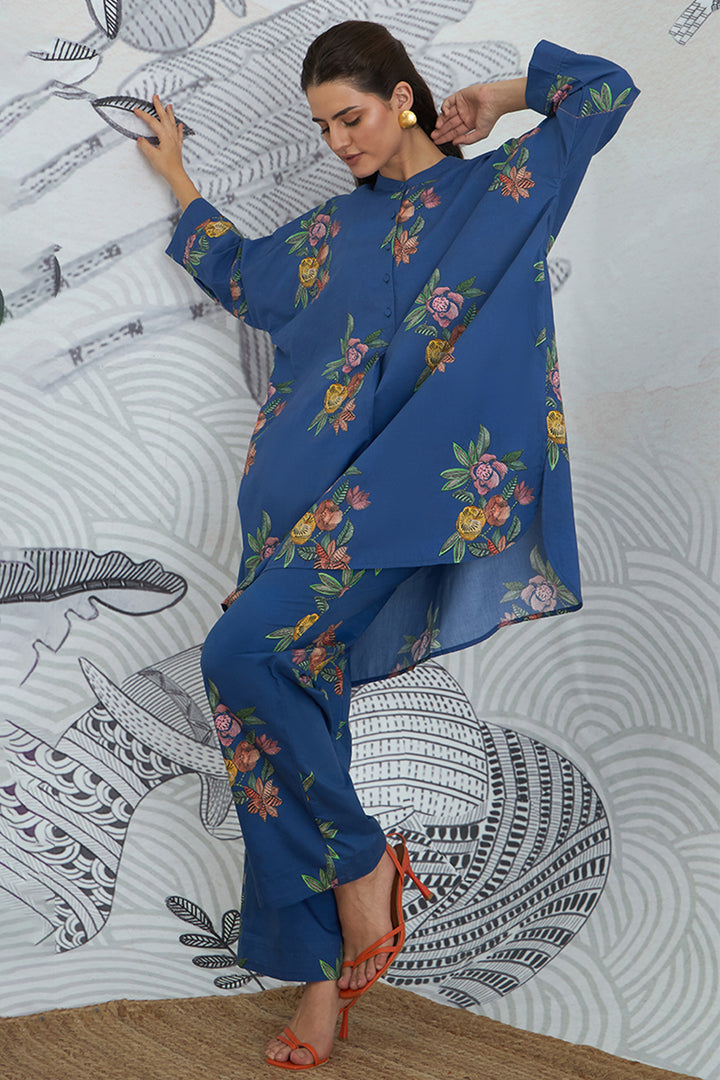 Blue Flower Kimono Tunic With Blue Flower Pants