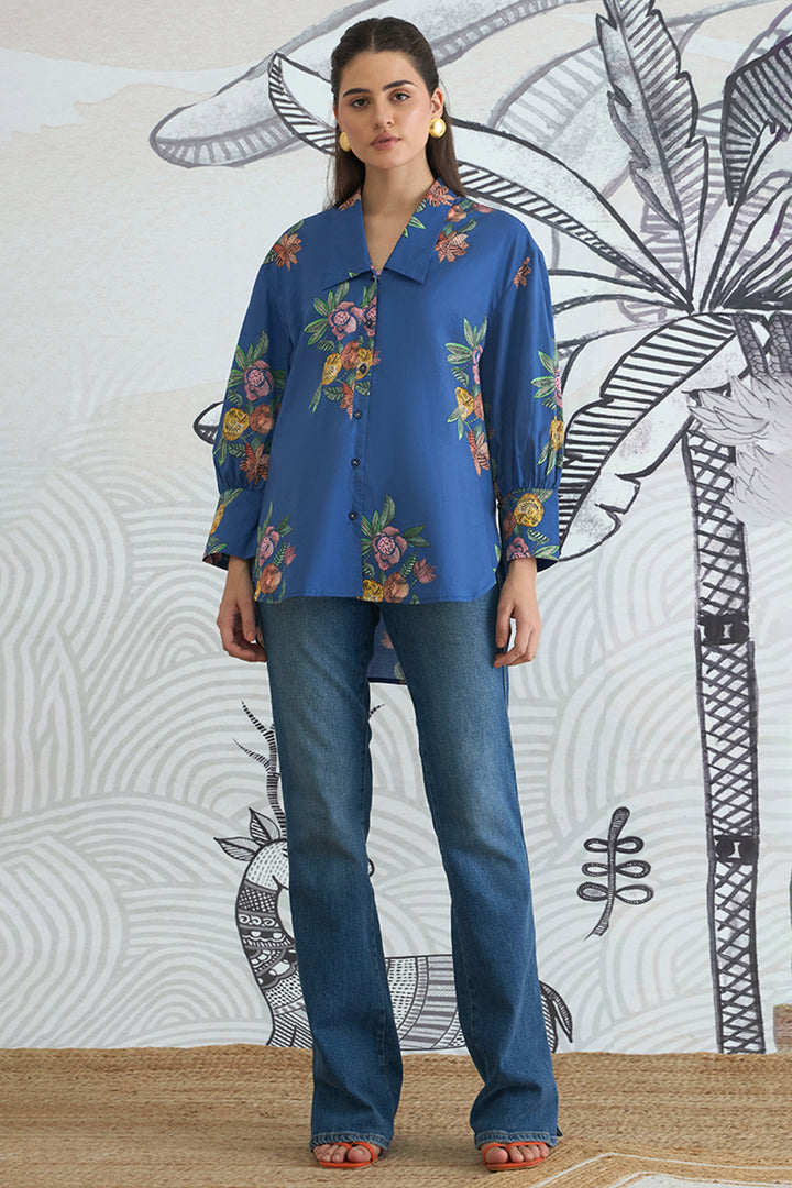 Blue Flower Big Collar Shirt