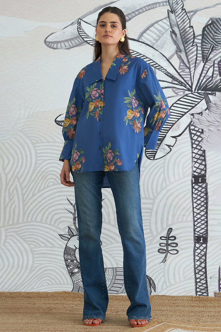 Blue Flower Big Collar Shirt