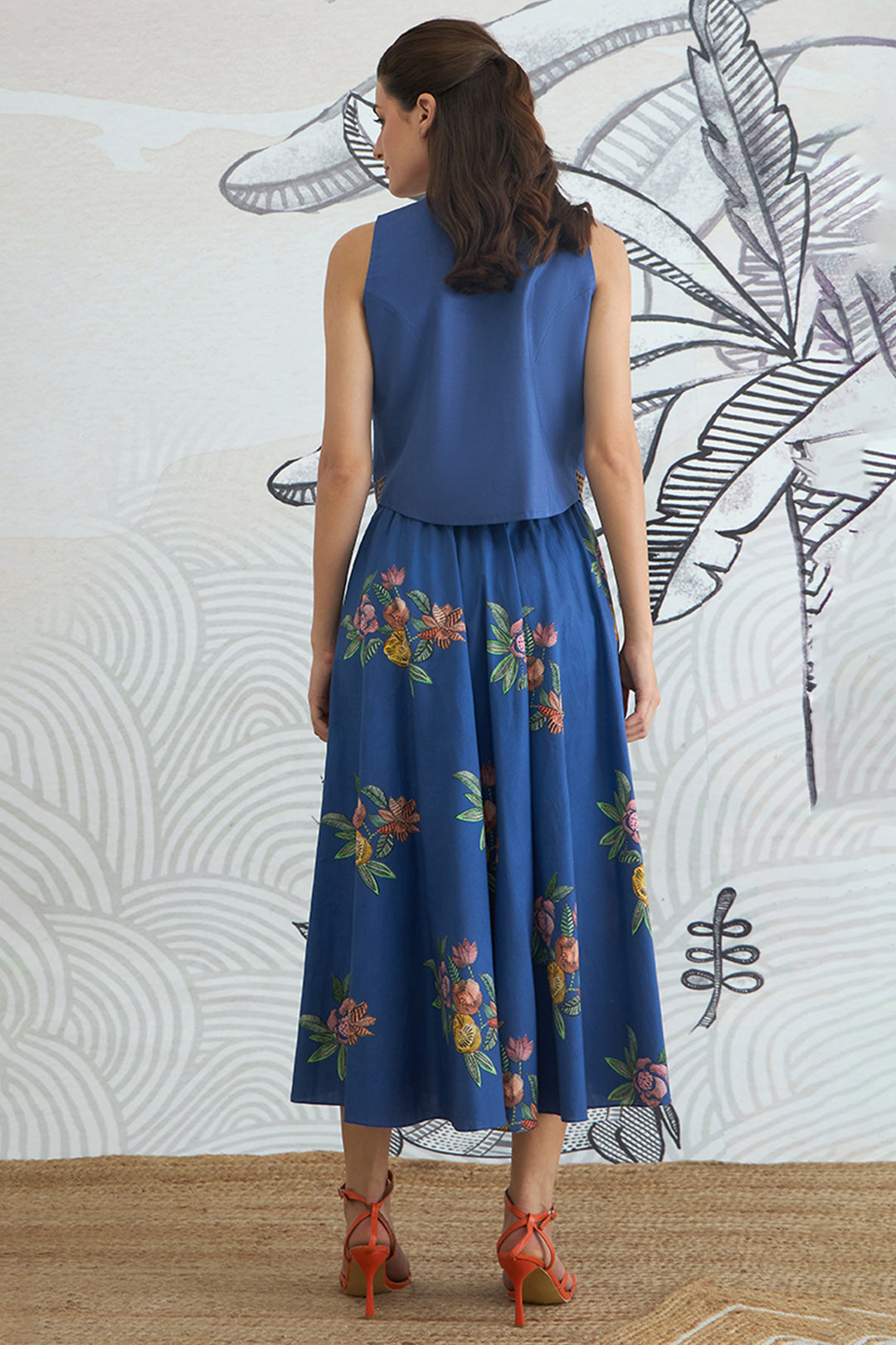 Blue Emb Waistcoat Top and Blue Flower Skirt