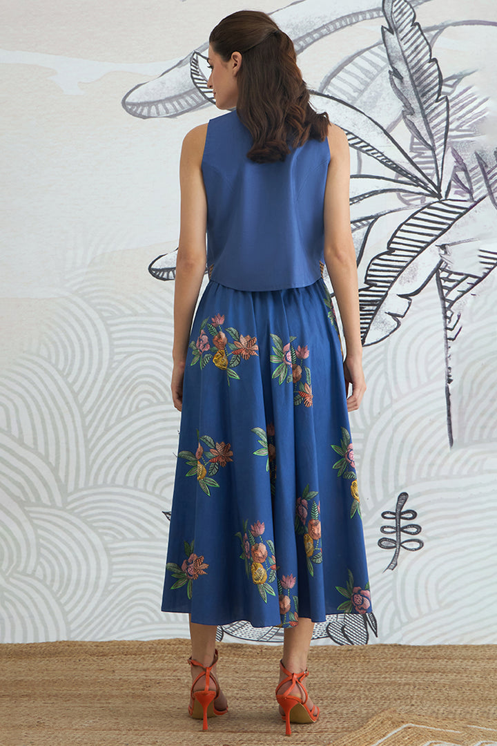 Blue Emb Waistcoat Top and Blue Flower Skirt