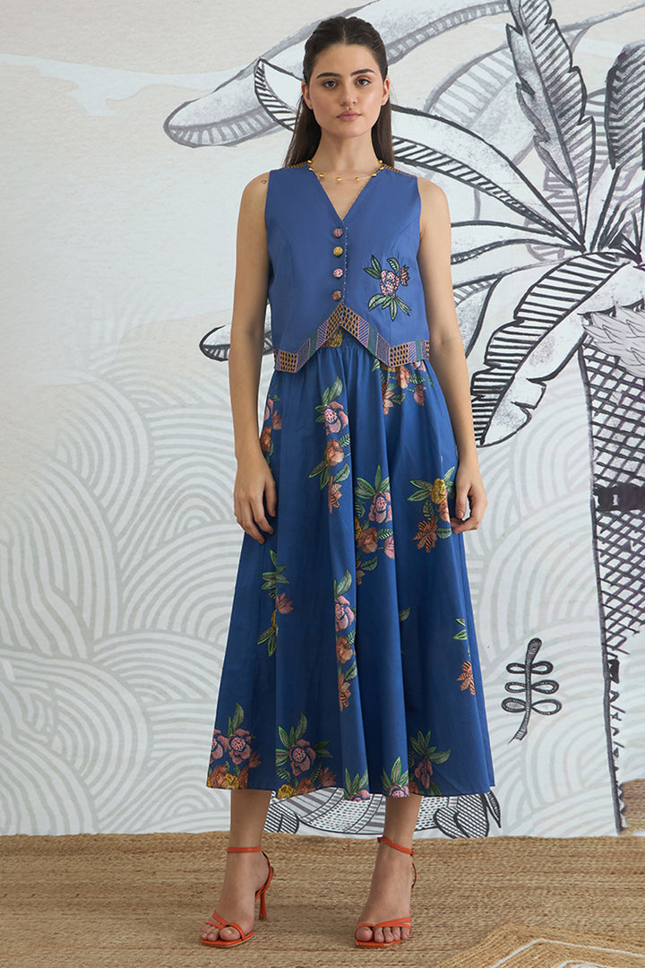 Blue Emb Waistcoat Top and Blue Flower Skirt