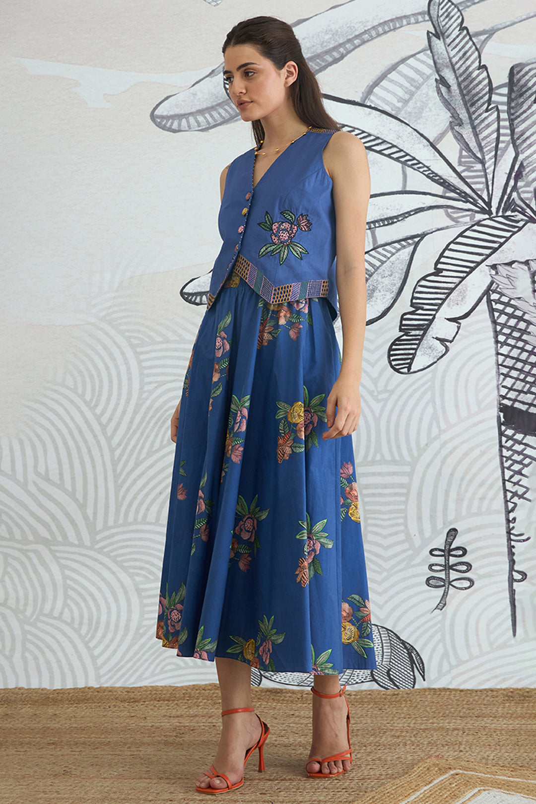 Blue Emb Waistcoat Top and Blue Flower Skirt