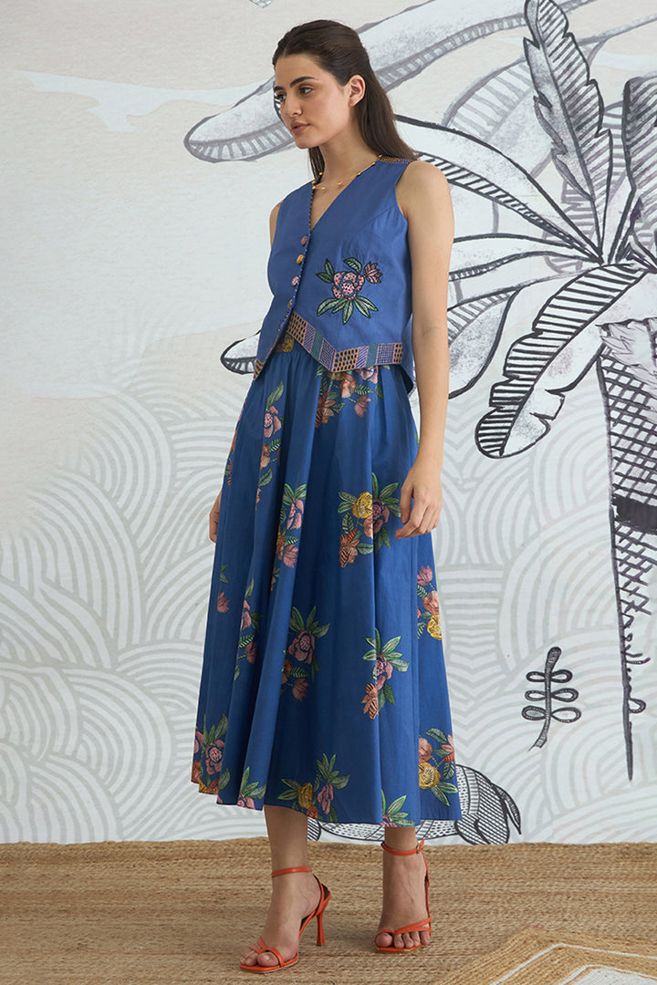 Blue Emb Waistcoat Top and Blue Flower Skirt