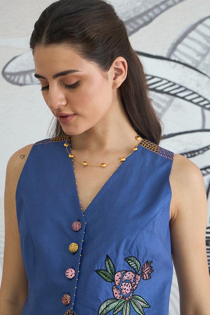 Blue Emb Waistcoat Top and Blue Flower Skirt