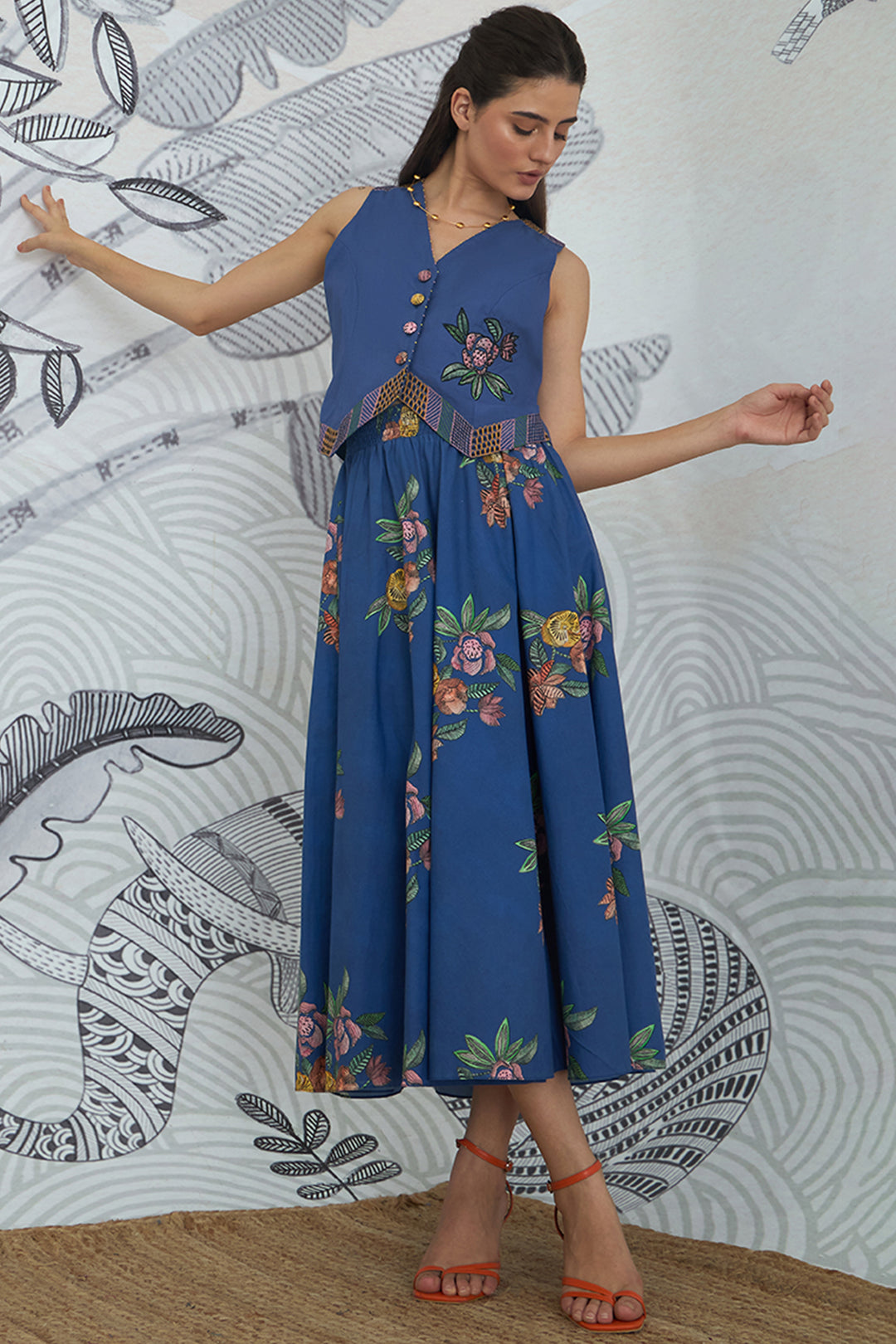 Blue Emb Waistcoat Top and Blue Flower Skirt