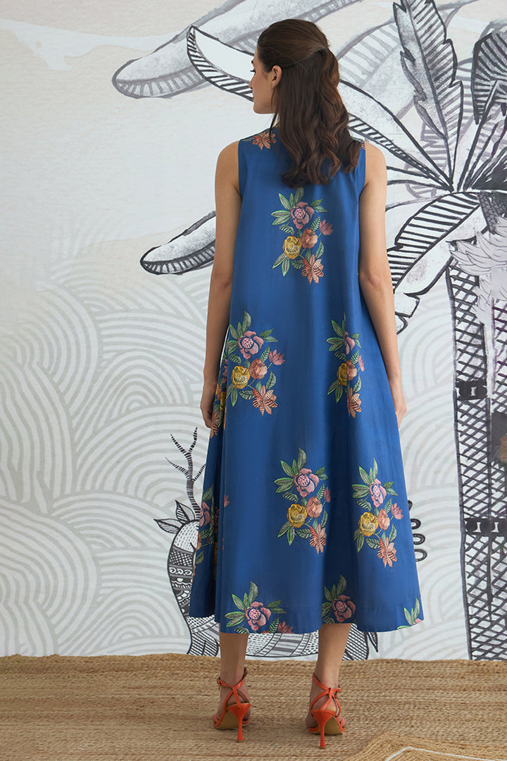 Blue Flower V-Neck Long Dress