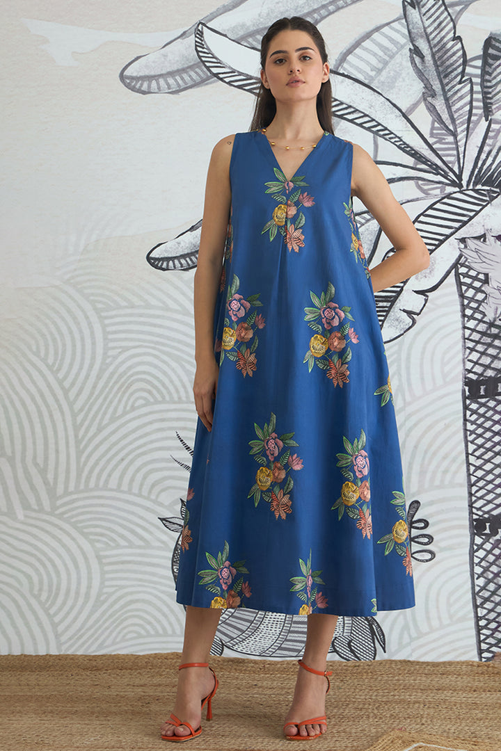 Blue Flower V-Neck Long Dress
