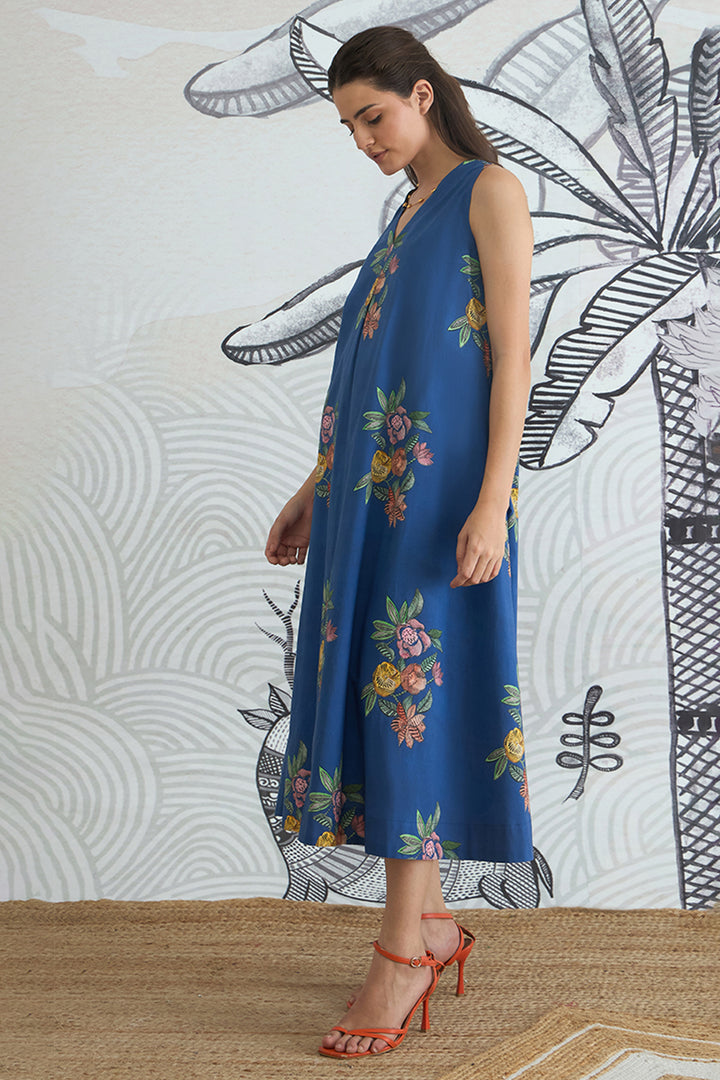 Blue Flower V-Neck Long Dress