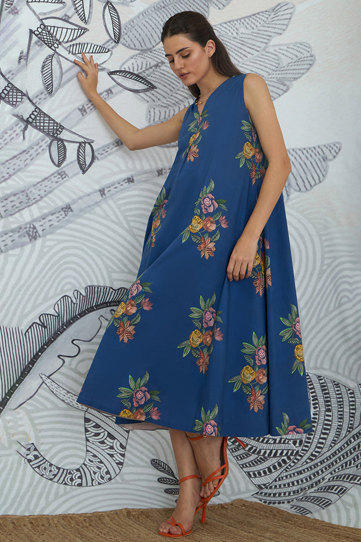 Blue Flower V-Neck Long Dress
