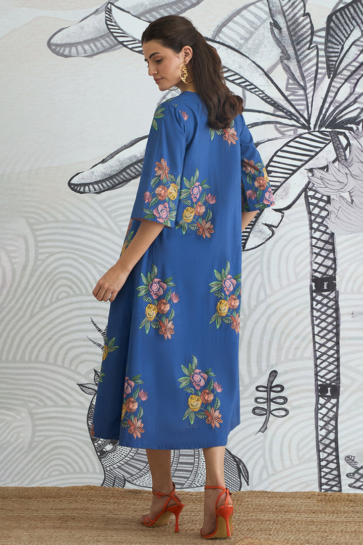 Blue Flower V-Neck Long Dress With Sleeves