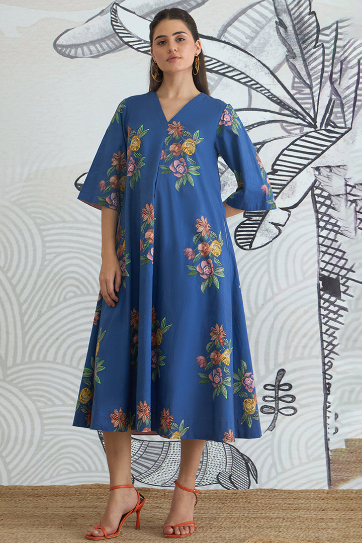 Blue Flower V-Neck Long Dress With Sleeves