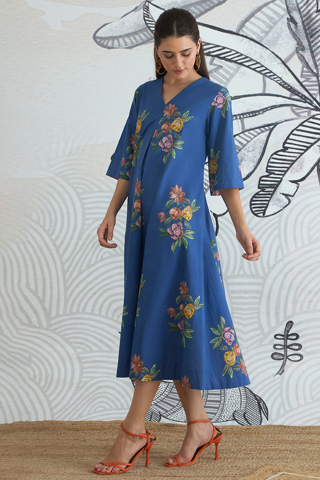 Blue Flower V-Neck Long Dress With Sleeves