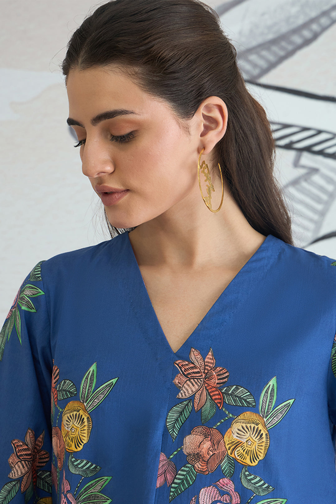 Blue Flower V-Neck Long Dress With Sleeves