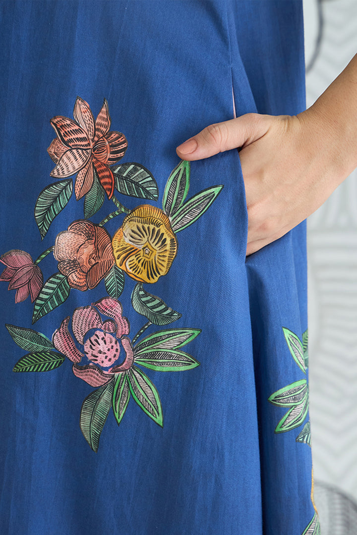 Blue Flower V-Neck Long Dress With Sleeves