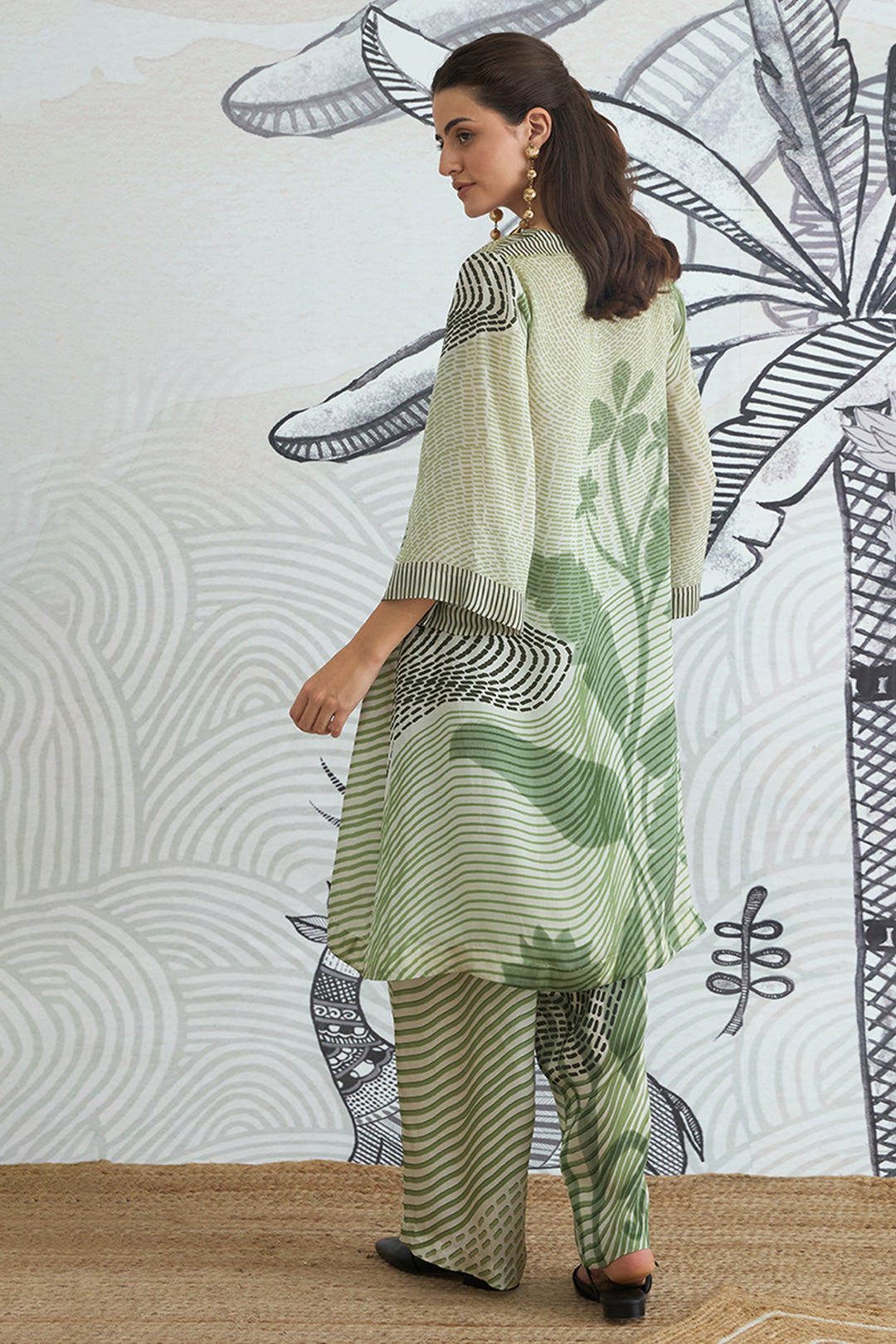 Green Texture High Low Tunic With Pants
