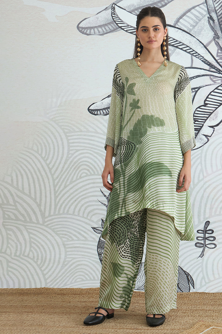 Green Texture High Low Tunic With Pants