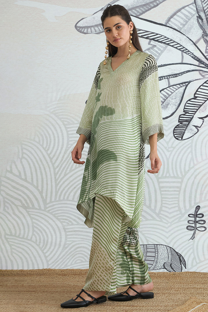 Green Texture High Low Tunic With Pants