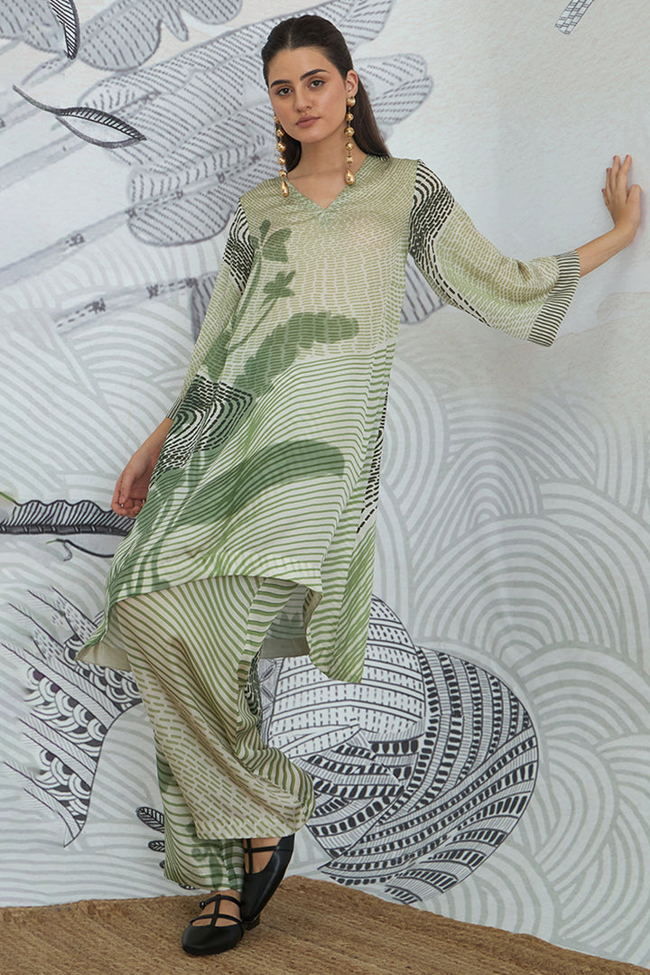Green Texture High Low Tunic With Pants