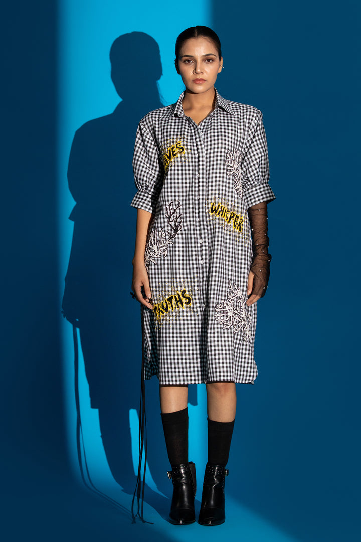 Hand embroidered shirt dress - Black Check