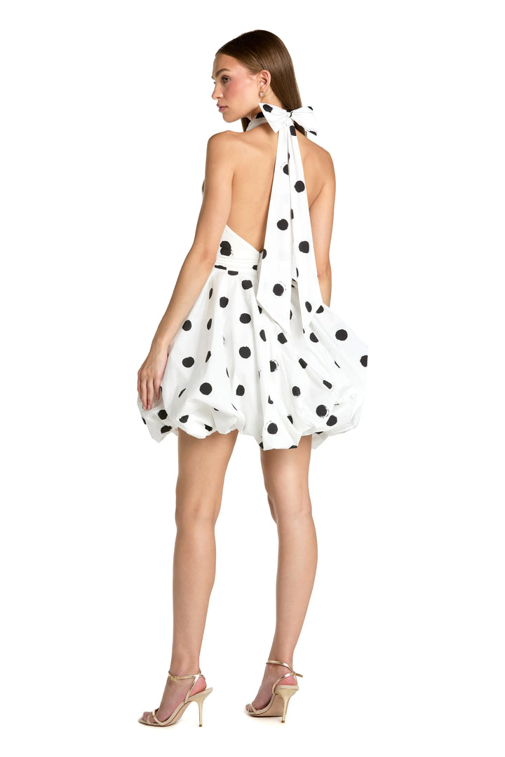 White Polka Dot Halter Mini Dress With 3D Rose