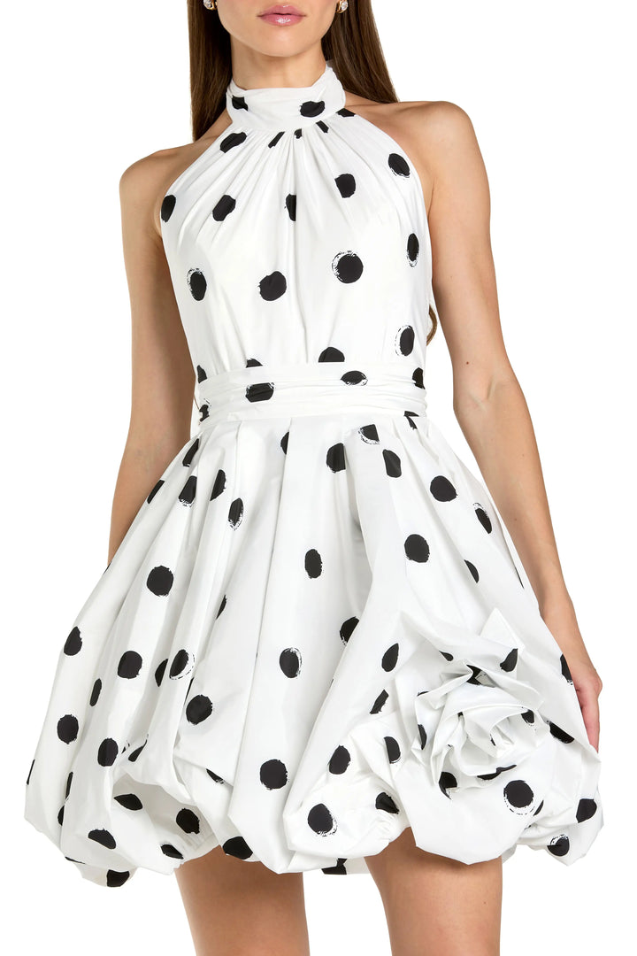 White Polka Dot Halter Mini Dress With 3D Rose