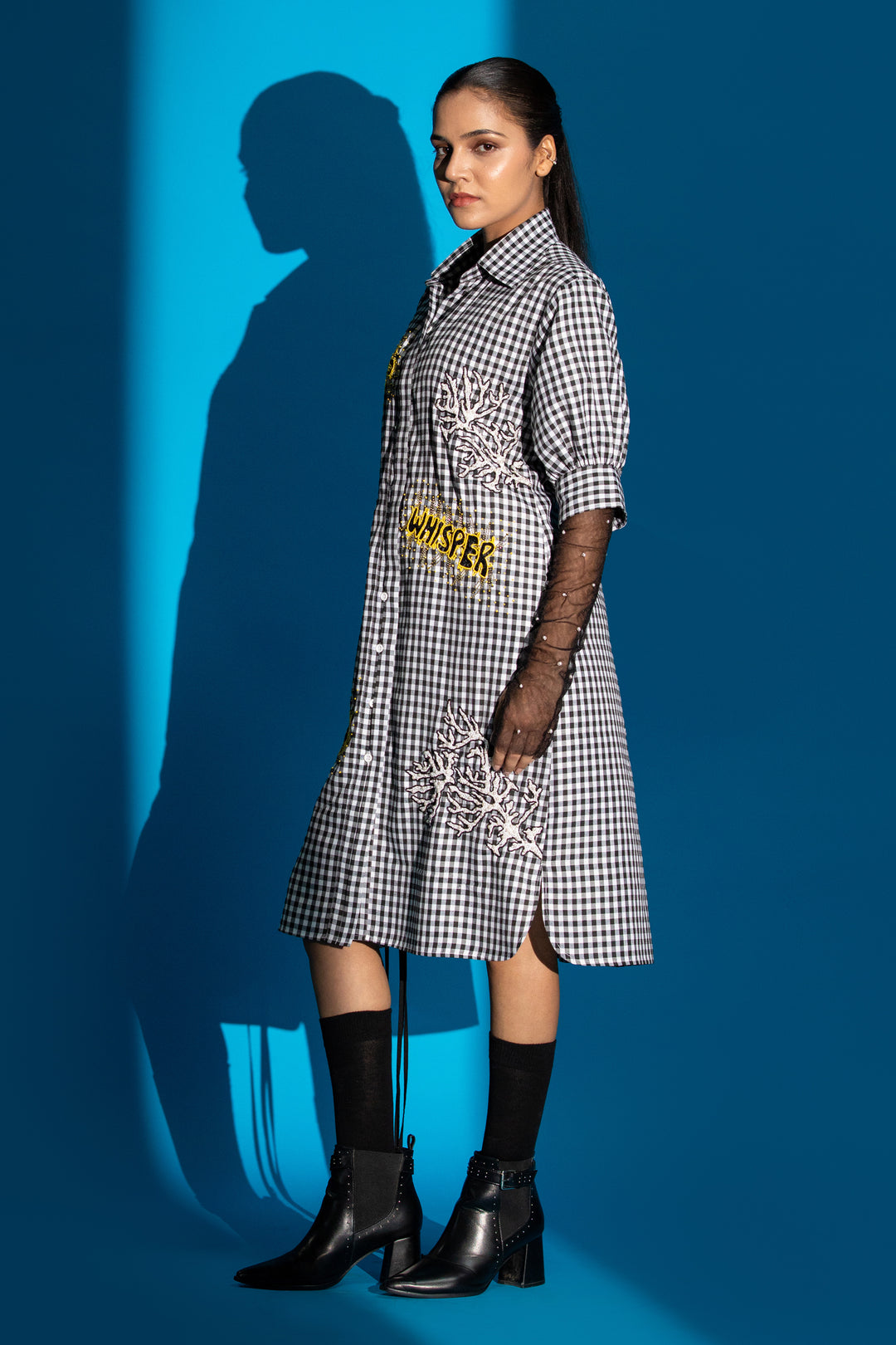 Hand embroidered shirt dress - Black Check