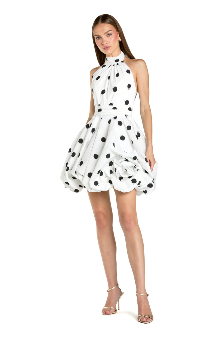 White Polka Dot Halter Mini Dress With 3D Rose