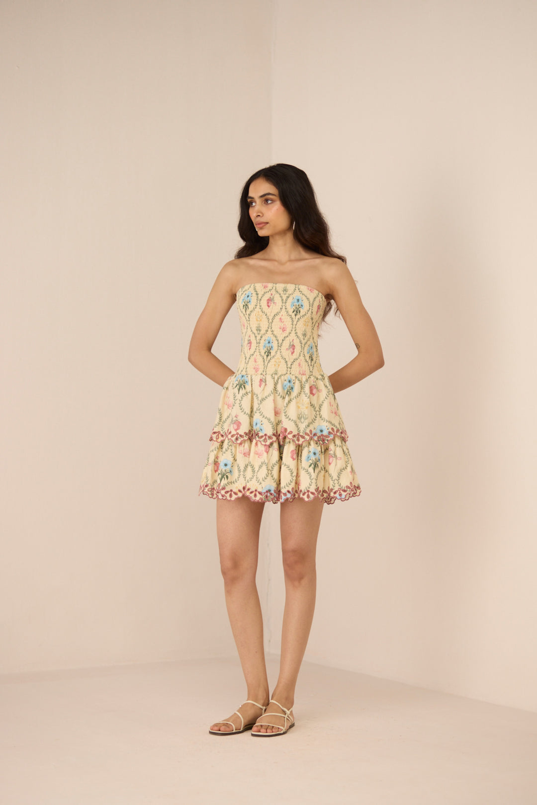 Apricot Mini Dress - Botanical Lattice
