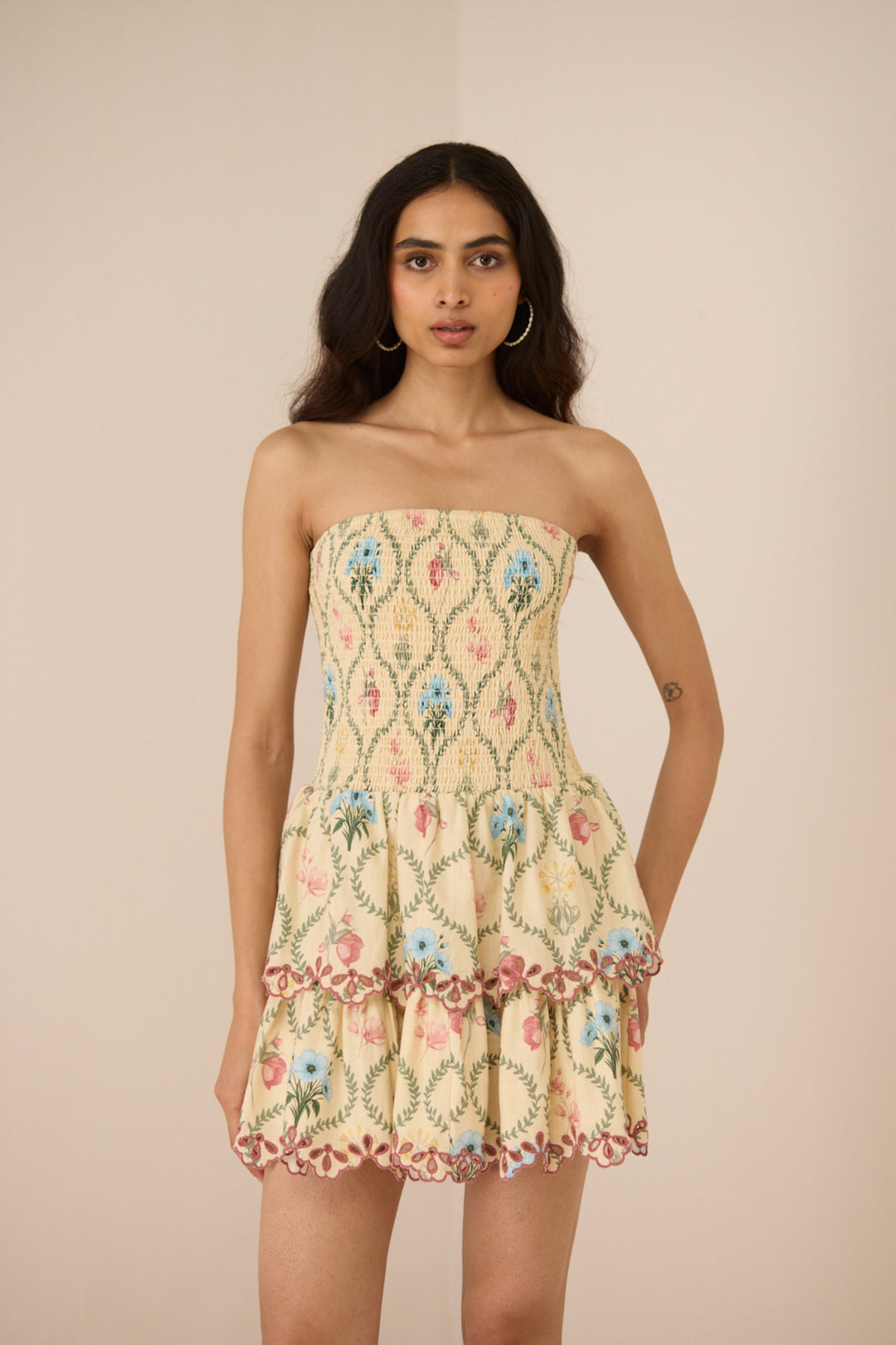 Apricot Mini Dress - Botanical Lattice