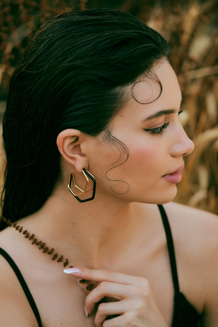 Small Trio Black Enamel Gold Hoops