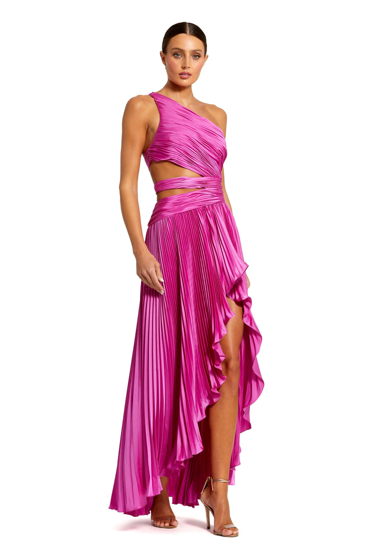 Purple One Shoulder Pleated Charmeuse Gown with Slit