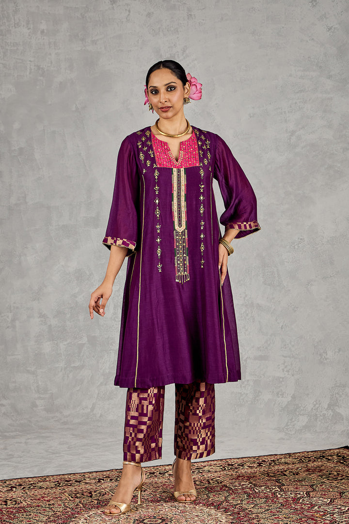 Purple Long Yoke Embroidery Kurta Set