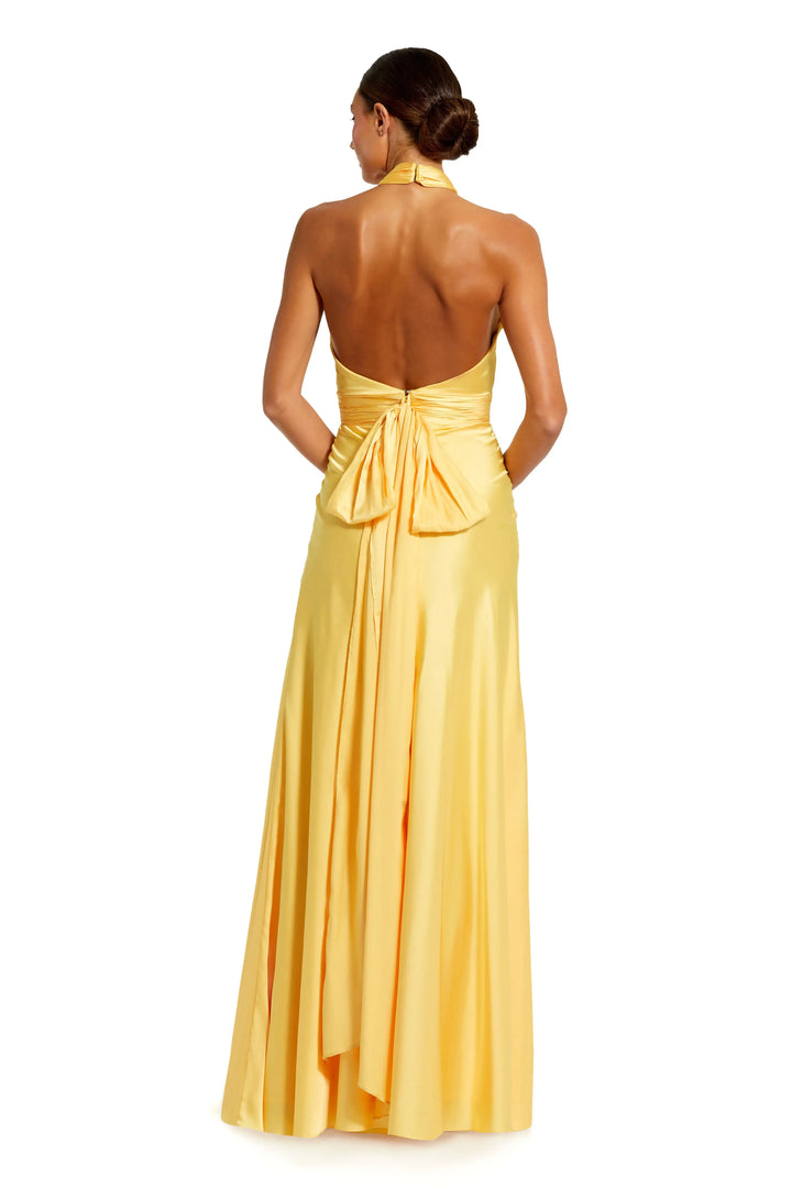Yellow Ruched Halter Neck Tie Back Satin Gown