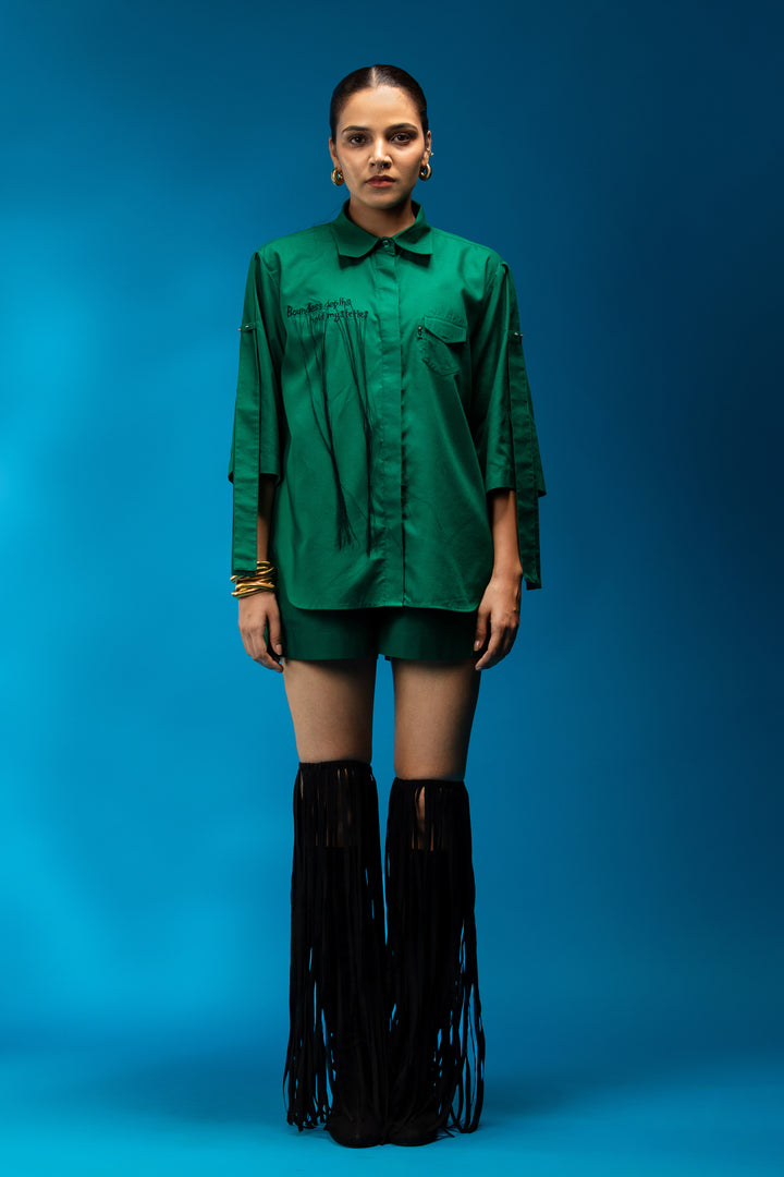 Thread embroidered shirt with sleeve strap detail - Green