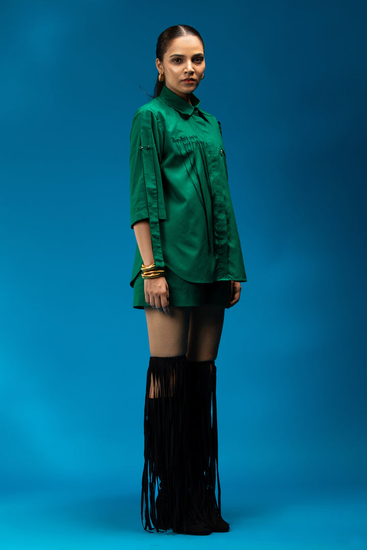Thread embroidered shirt with sleeve strap detail - Green